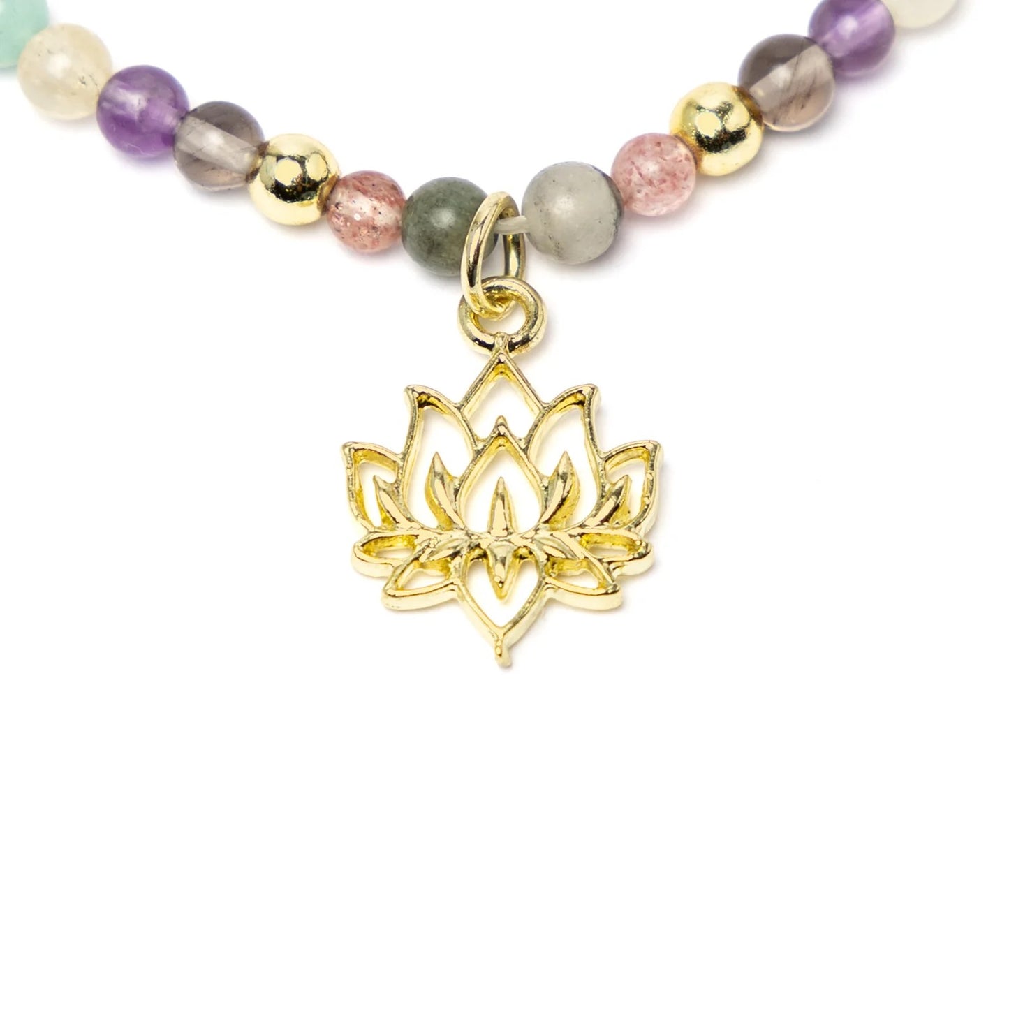 Verstellbare Halskette Lotus, Erdbeerquarz, Amazonit, Citrin, Amethyst, Rauchobsidian & Hämatit