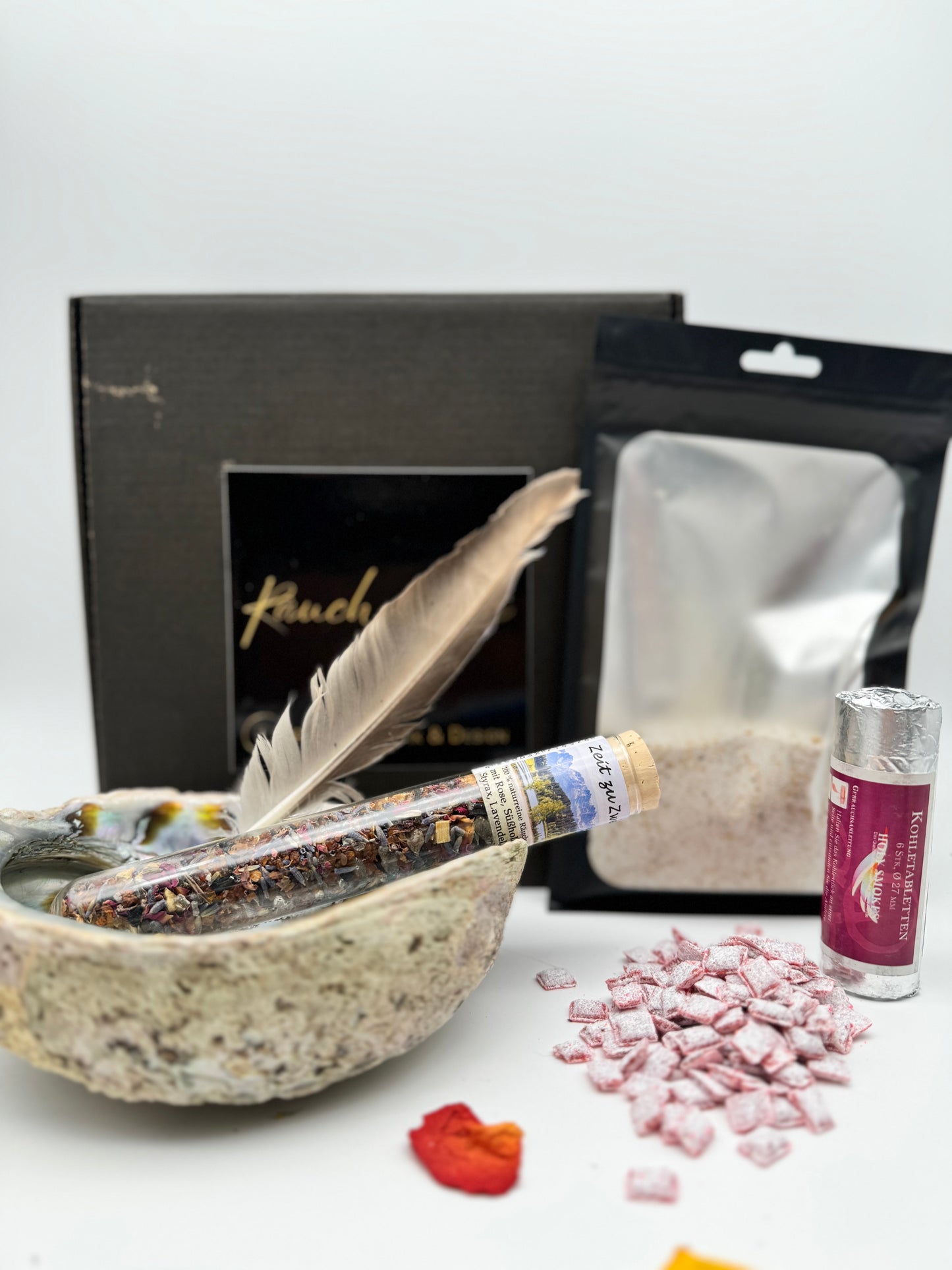 Rosenweihrauch Räucherset Räuchermuschel Feder „Zeit zu zweit“ Ruchermischung