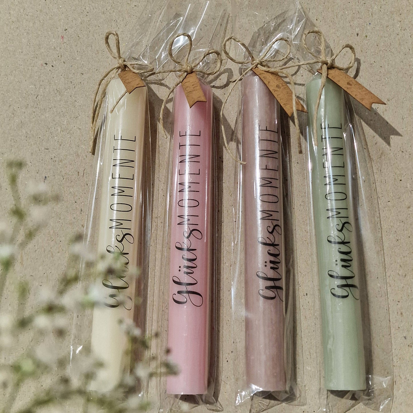 "GLÜCKSMOMENTE" Stabkerze | Geschenk | Mitbringsel | Feiern: Mix-Box Bunt (Mischung aus allen 6 Farben)