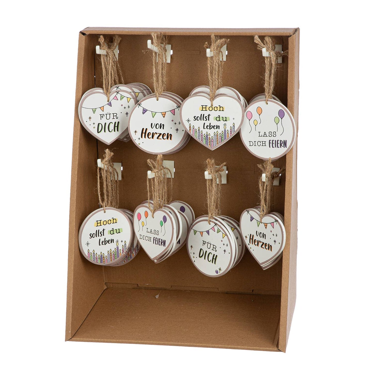 Geschenk-Anhänger Glückwunsch 8-sort. mehrfarbig, VE 48: Im Display, mit Spruch: "Lass dich feiern" / "von Herzen" / "Hoch sollst du leben" / "Für dich" / Mehrfarbig / MDF