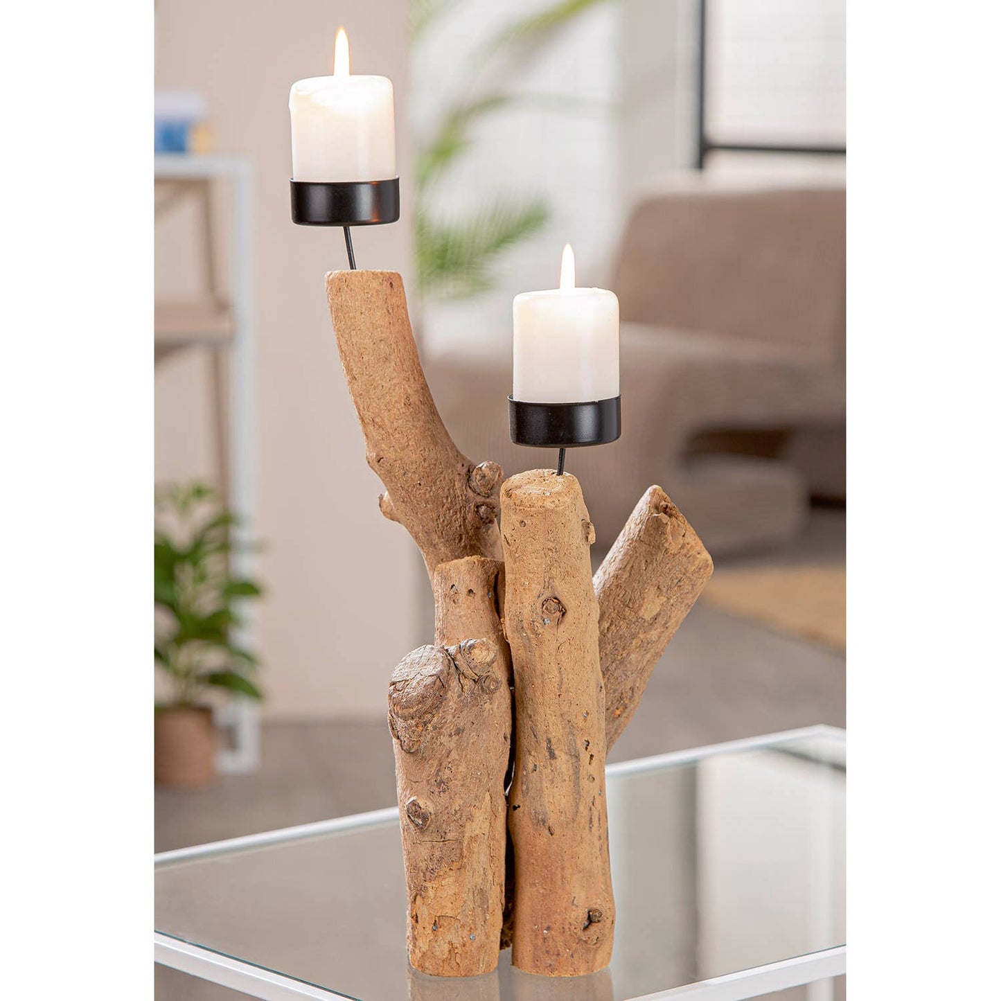 Teelichtleuchter  naturfarben H. 25 cm, VE 6: Naturprodukt, Maße variieren / Naturfarben / Holz