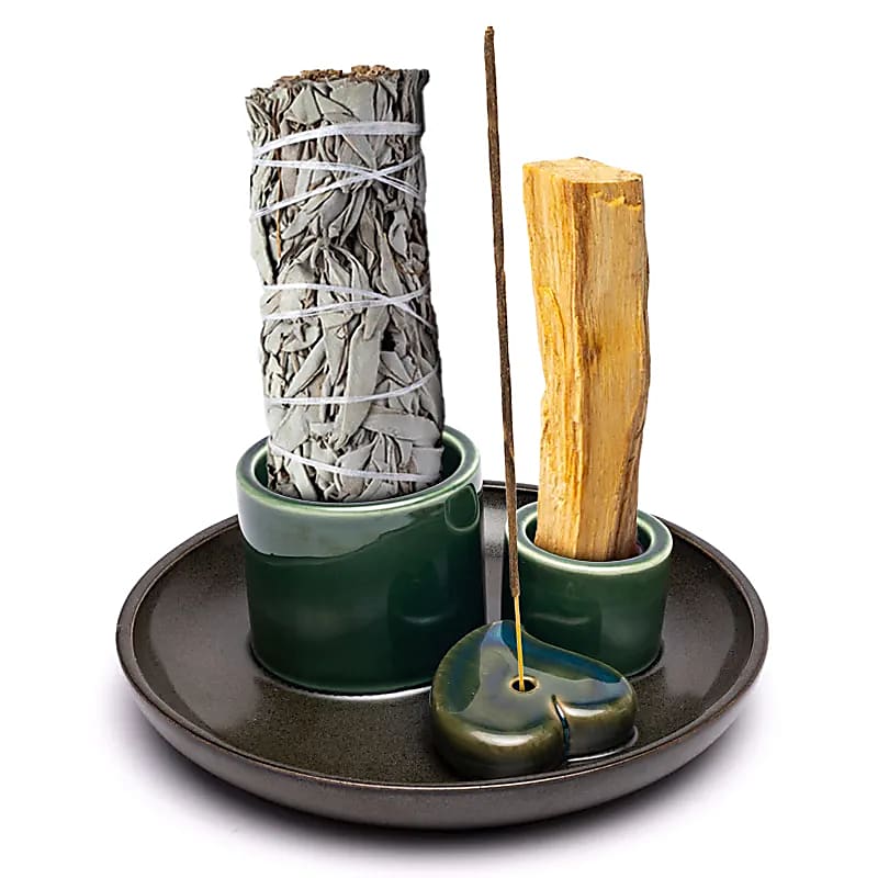 Keramikhalter für Palo Santo, Bündel und Räucherstäbchen Herz Petrol/Braun