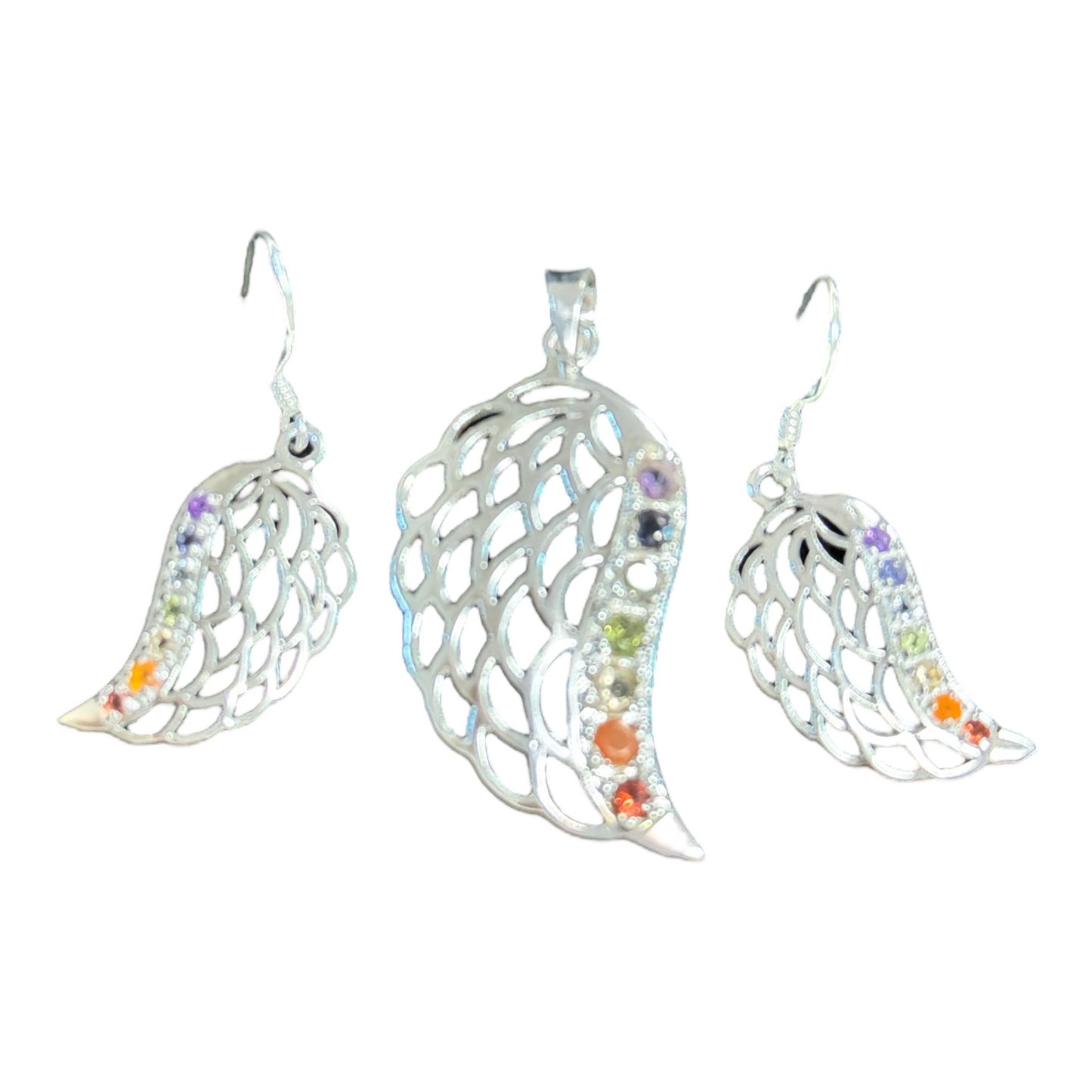 Engelsflügel Set Ohrstecker und Anhänger versilbert Chakrensteine