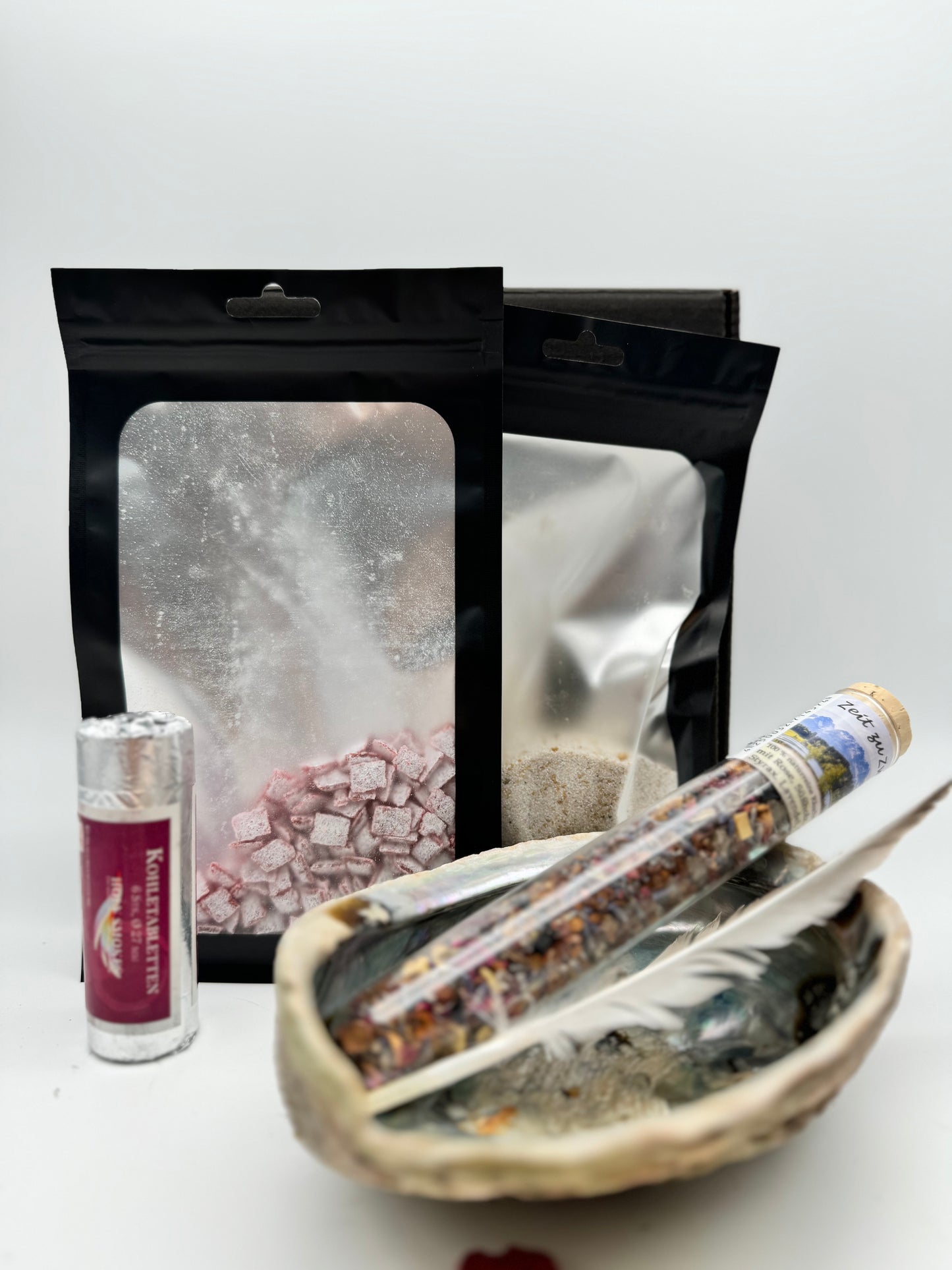Rosenweihrauch Räucherset Räuchermuschel Feder „Zeit zu zweit“ Ruchermischung
