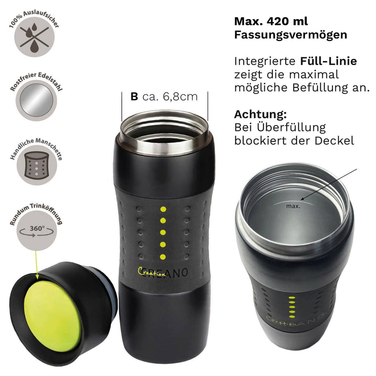 Creano Design Travel Mug 420ml, Coffee to Go Becher