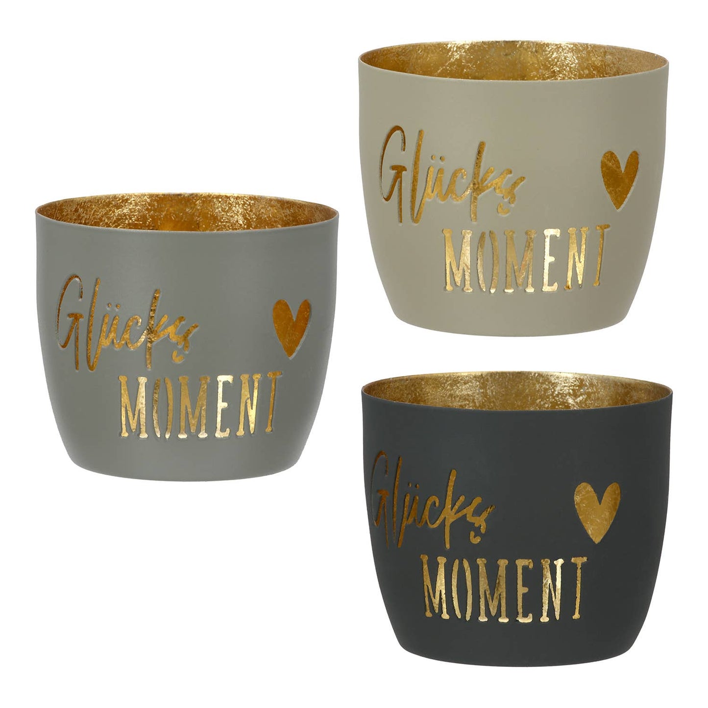 Windlicht Glücksmoment 3-sort.  VE 9: Mit Spruch:  "Glücksmoment" / Beige/creme/grau / Metall