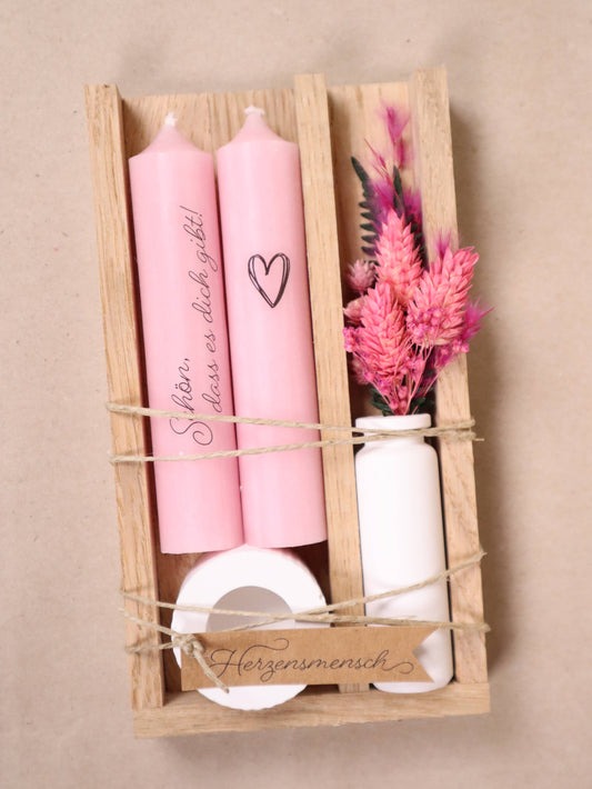 Kerzenset "Schön, dass es dich gibt"  | Geburtstag | Herz: Mix-Box bunt (1 x rosa & 1 x altrosa & 1 x salbei & 1 x hellblau)