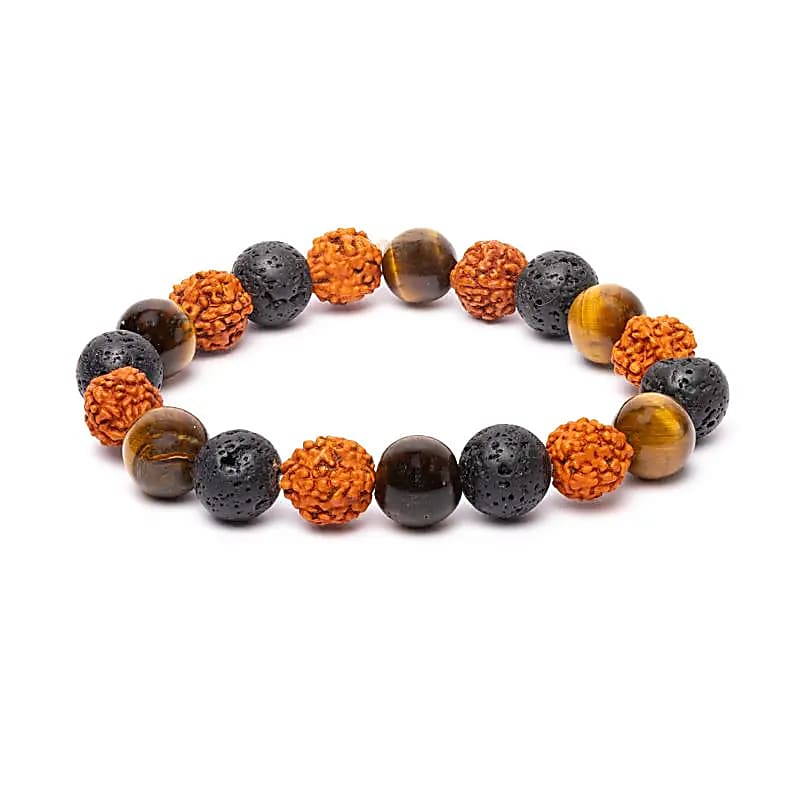 Armband aus Rudraksha, Tigerauge und Lavastein