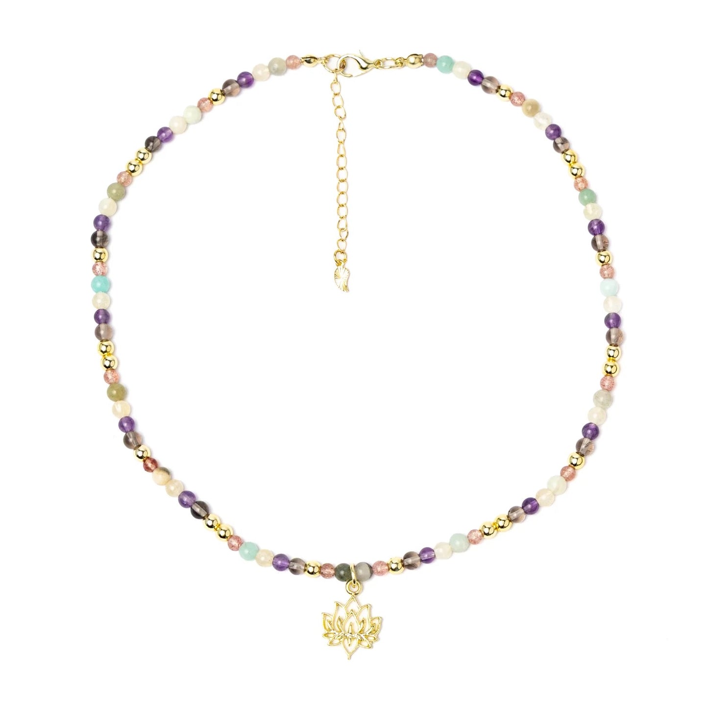 Verstellbare Halskette Lotus, Erdbeerquarz, Amazonit, Citrin, Amethyst, Rauchobsidian & Hämatit