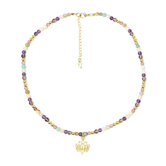 Verstellbare Halskette Lotus, Erdbeerquarz, Amazonit, Citrin, Amethyst, Rauchobsidian & Hämatit