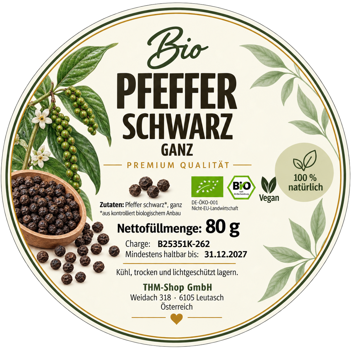 Pfeffer Schwarz bio ganz 80 g