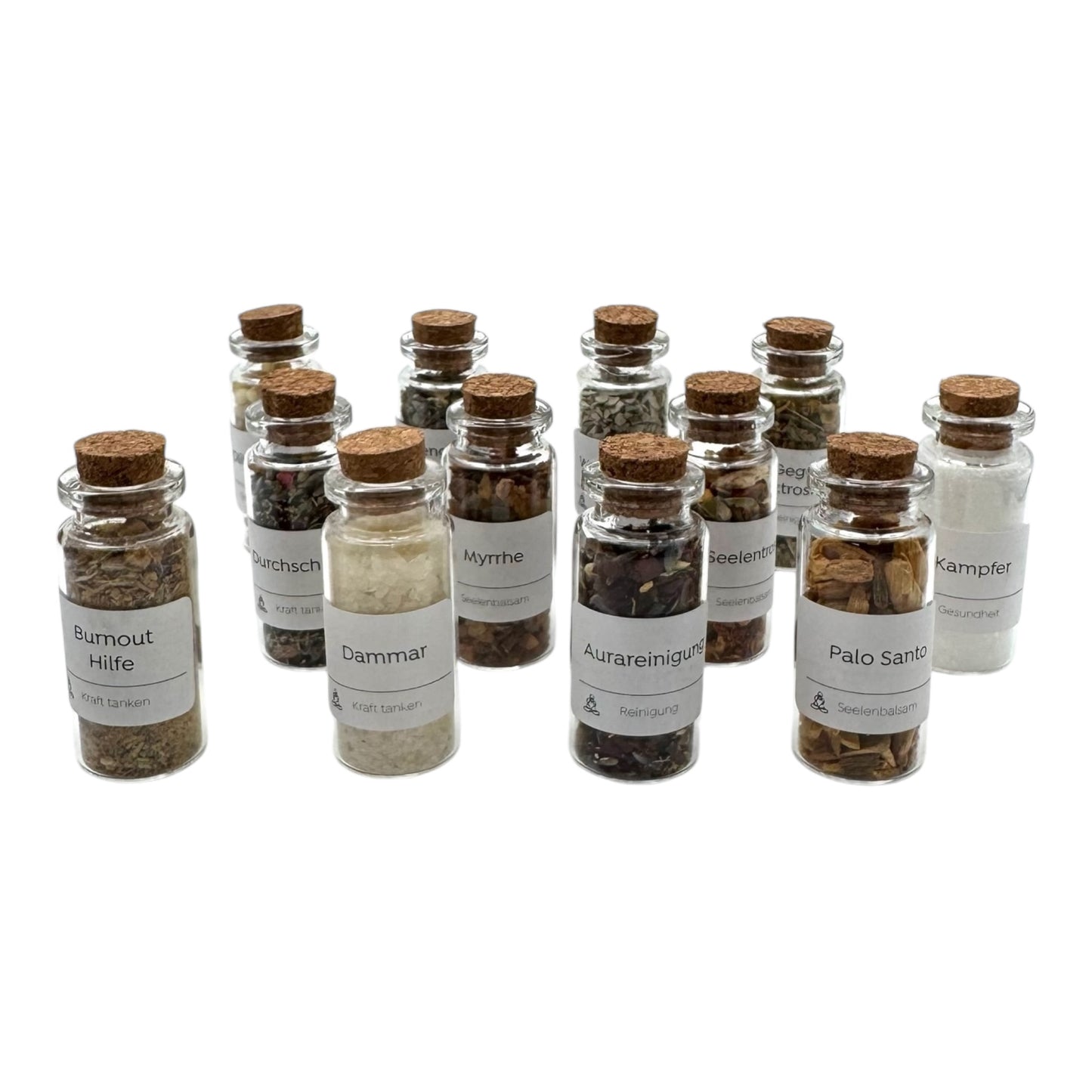 kleine Gläschen mit Räucherware wie Kapfer, Palo Santo, DAmmarharz, Burnout Hilfe, Durchschlafen Uvm