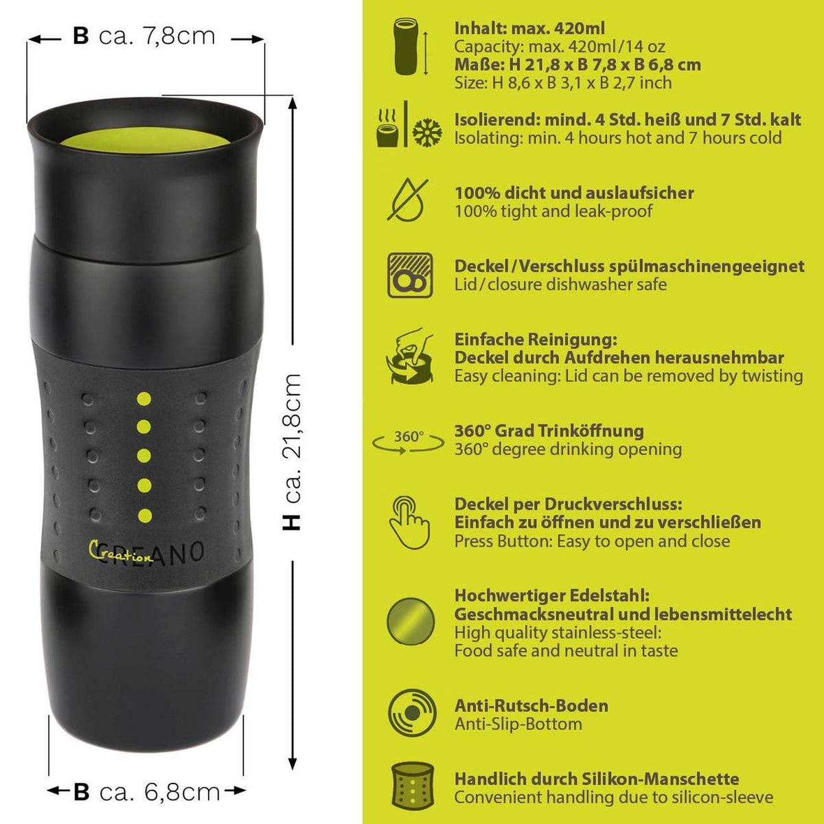 Creano Design Travel Mug 420ml, Coffee to Go Becher