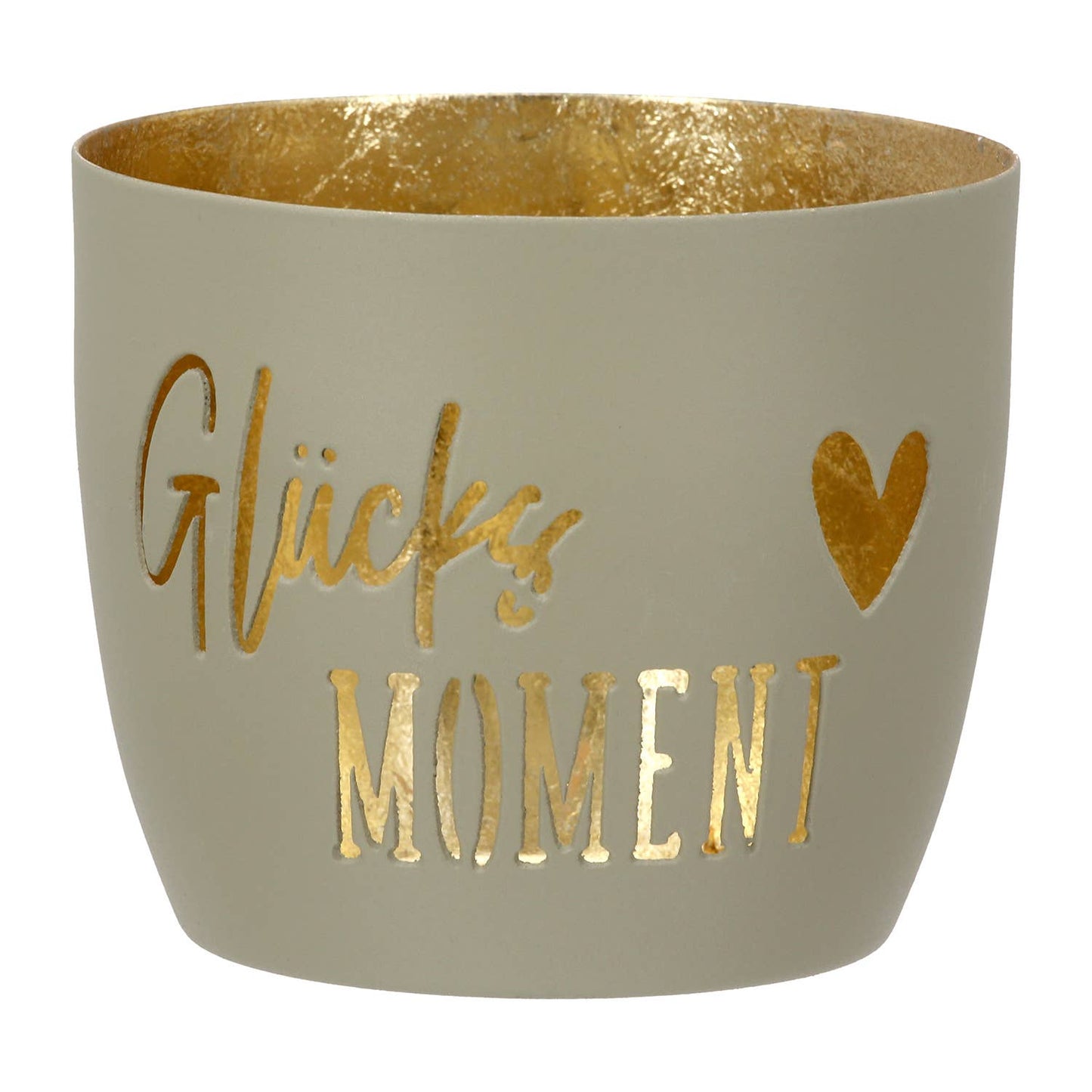 Windlicht Glücksmoment 3-sort.  VE 9: Mit Spruch:  "Glücksmoment" / Beige/creme/grau / Metall